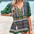 thumbnail image 3 of Camiseta holgada de verano con cuello en V y mangas abullonadas con estampado especial para mujer, 3 of 6