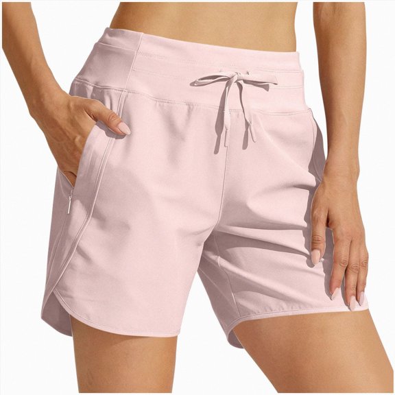 KPOPLK Women's Running Shorts Elastic High Waisted with Pockets 7" Sporty Workout Quick Dry Athletic Shorts Size XS,Light Pink