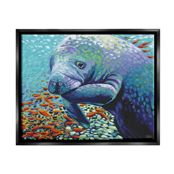 Stupell Industries Underwater Manatee Impressionist Painting Jet Black Floating Framed Canvas Print Wall Art, Design by Carolee Vitaletti