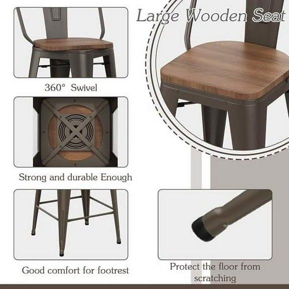 Alunaune 24" Swivel Metal Counter Height Bar Stools Set of 4 High Back Industrial Bar Chairs Kitchen Barstools with Large Wooden Seat-Rusty