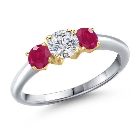 Gem Stone King 925 Silver and 10K Yellow Gold Lab Grown Diamond and Red Ruby Engagement Ring for Women | 1.20 Cttw | Round 5MM | Gemstone April Birthstone | Size 6