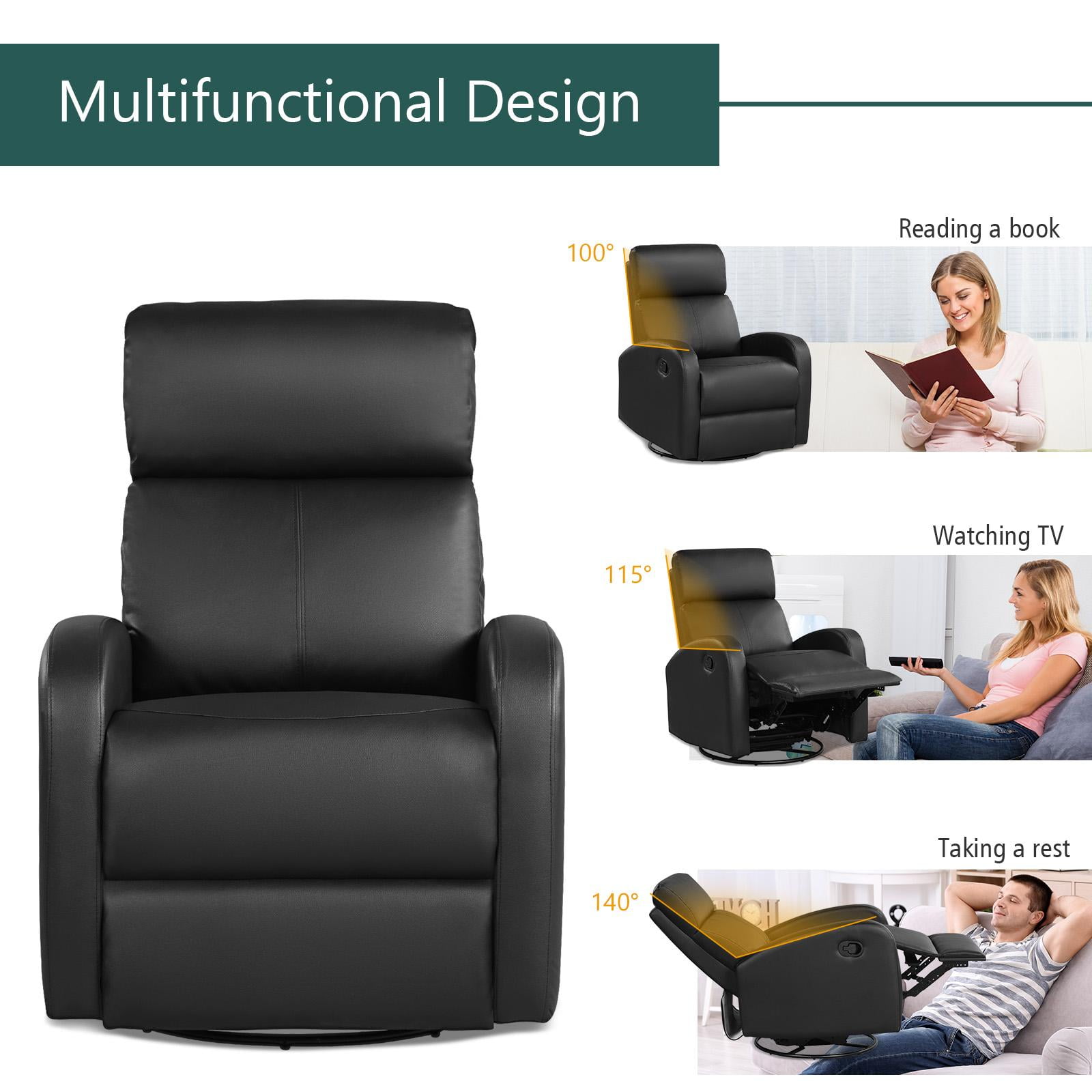 Giantex Recliner Chair Manual Rocking Chairs with Pull Button 360 Swivel Glider Faux Leather Living Room Single Lazy Sofa Padded Seat Gliders for Kids Playroom Nursery Brown Walmart