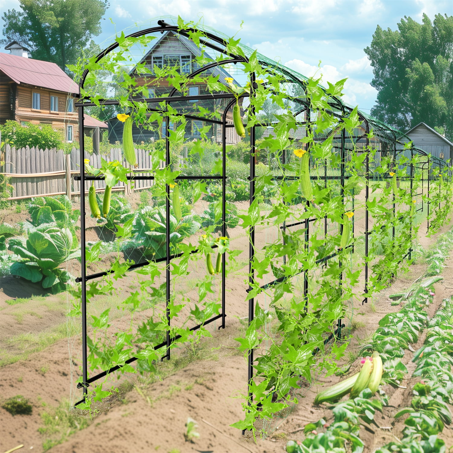 41x63x63" Black Iron  Garden Trellis Arch Support for Plants Vegetables Flowers, Nylon Mesh