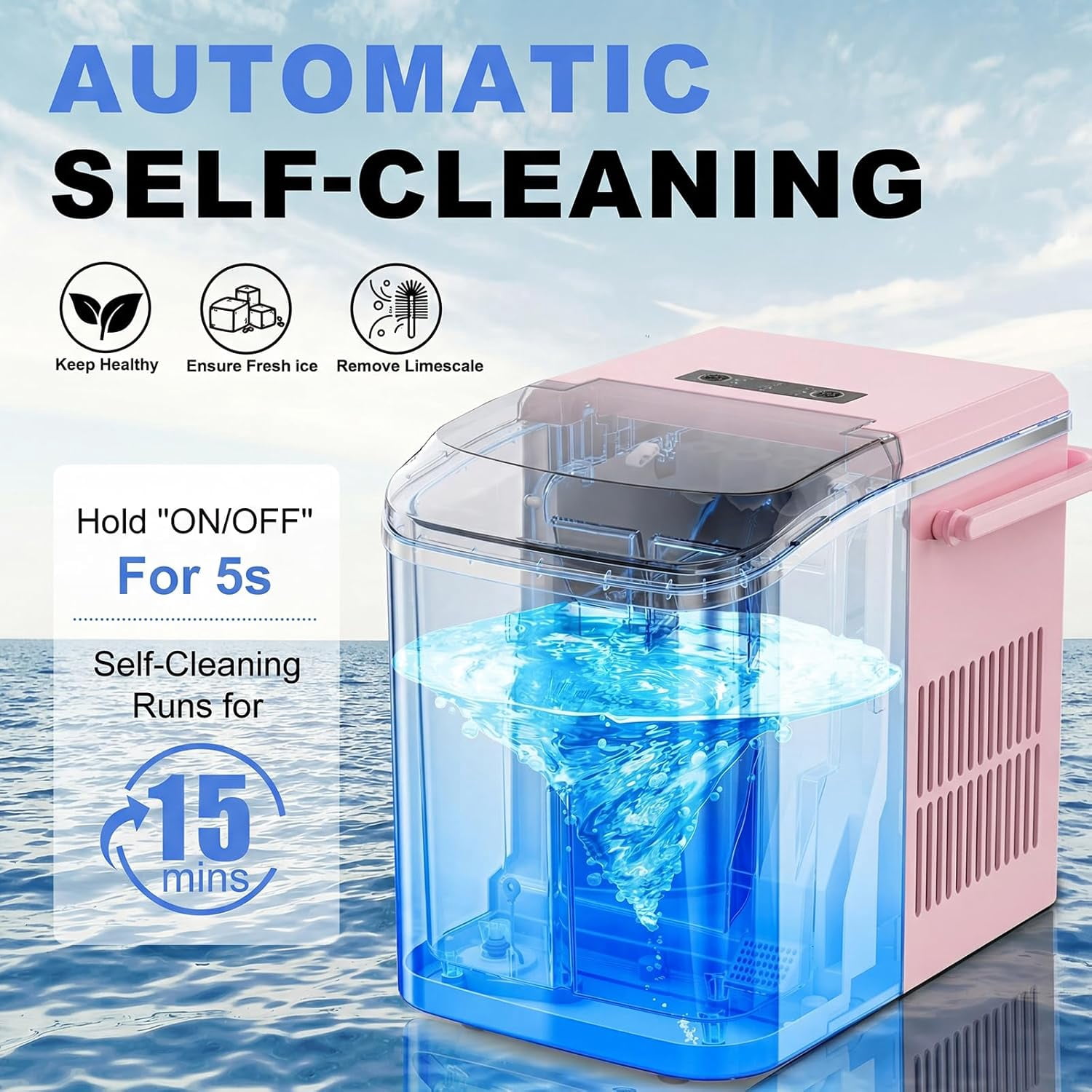 Portable Ice Maker Countertop, 9 Bullet Ice Cubes in 6 Mins, 26lbs/Day, Self-Cleaning, 1.5L Tank, Pink