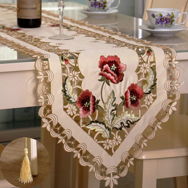 Camino de mesa clásico de 15 x 96 pulgadas, con encaje floral, flores rosas beige bordadas, bufanda para tocador, decoración para el hogar y el comedor - Flor rufa