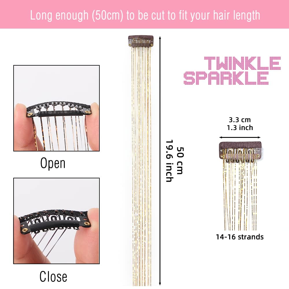 Clip in Hair Tinsel 22 inch 6pcs Fairy Hair Tinsel Heat Resistant Tinsel Hair Extensions, Human Hair Extensions Glitter Hair Accessories for Women