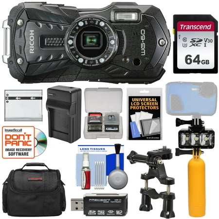 Ricoh WG-60 Waterproof / Shockproof Digital Camera (Black) with 64GB Card + Battery + Charger + Case + Floating Buoy + Waterproof Video Light +