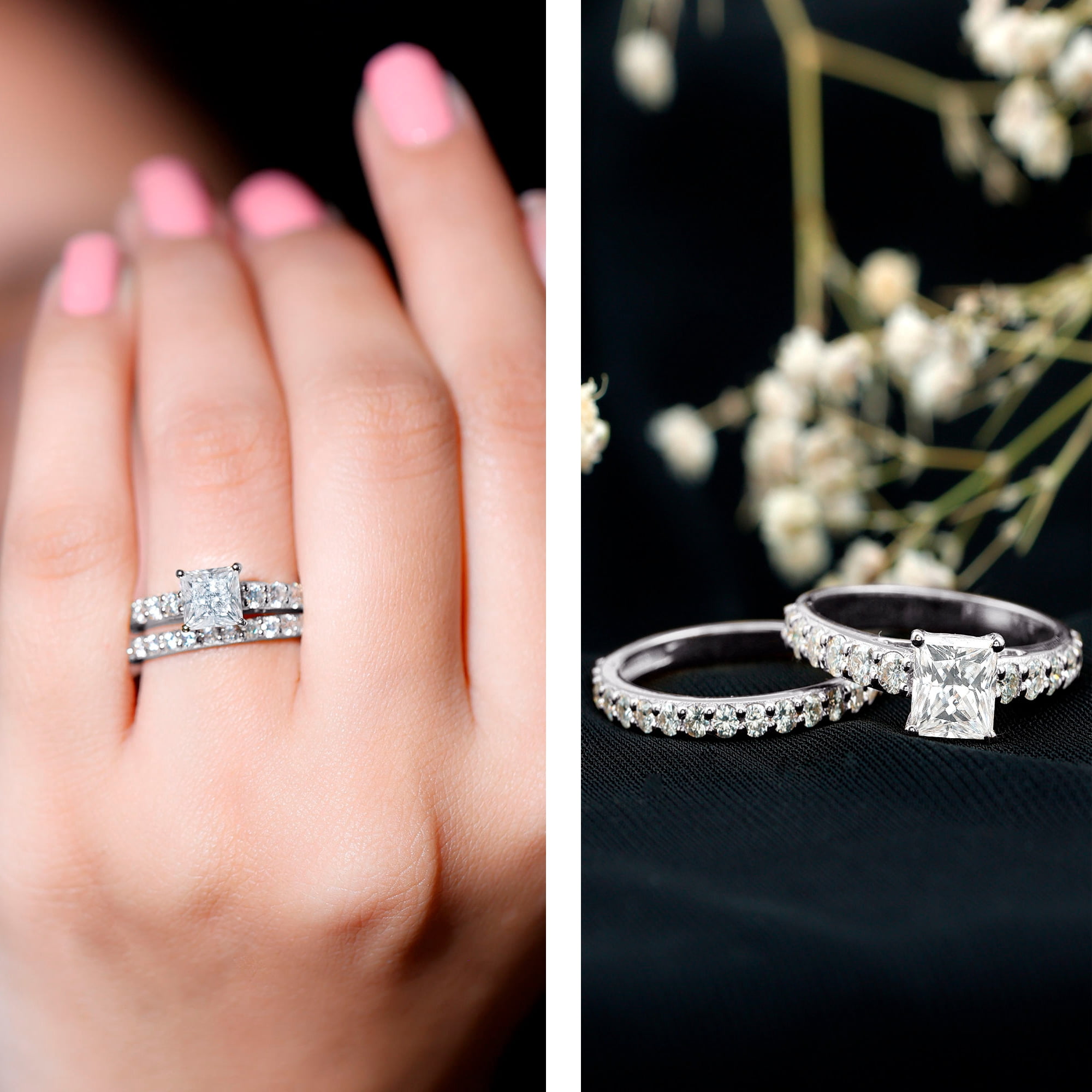 Rosec Jewels Princess Cut Moissanite Wedding Ring Set for Women - D-VS1 Quality - Moissanite Engagement Ring with Enhancer, 14K White Gold, US 9.50