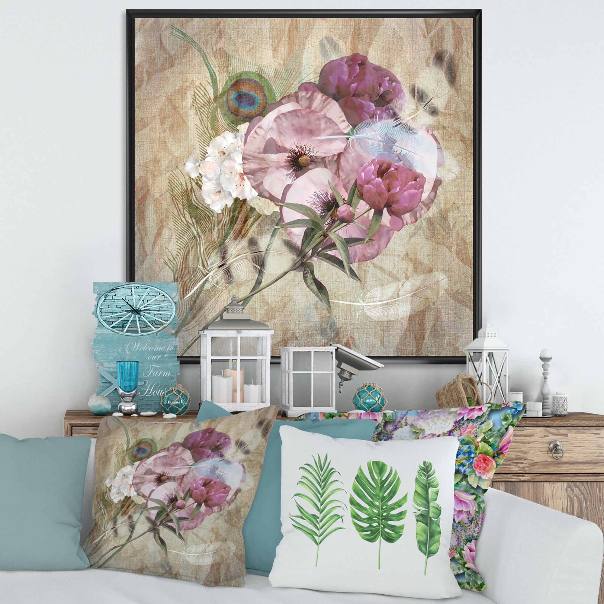 Designart 'Iris Bouquet Floral Design With Peacock Feather' Traditional Framed Canvas Wall Art Print