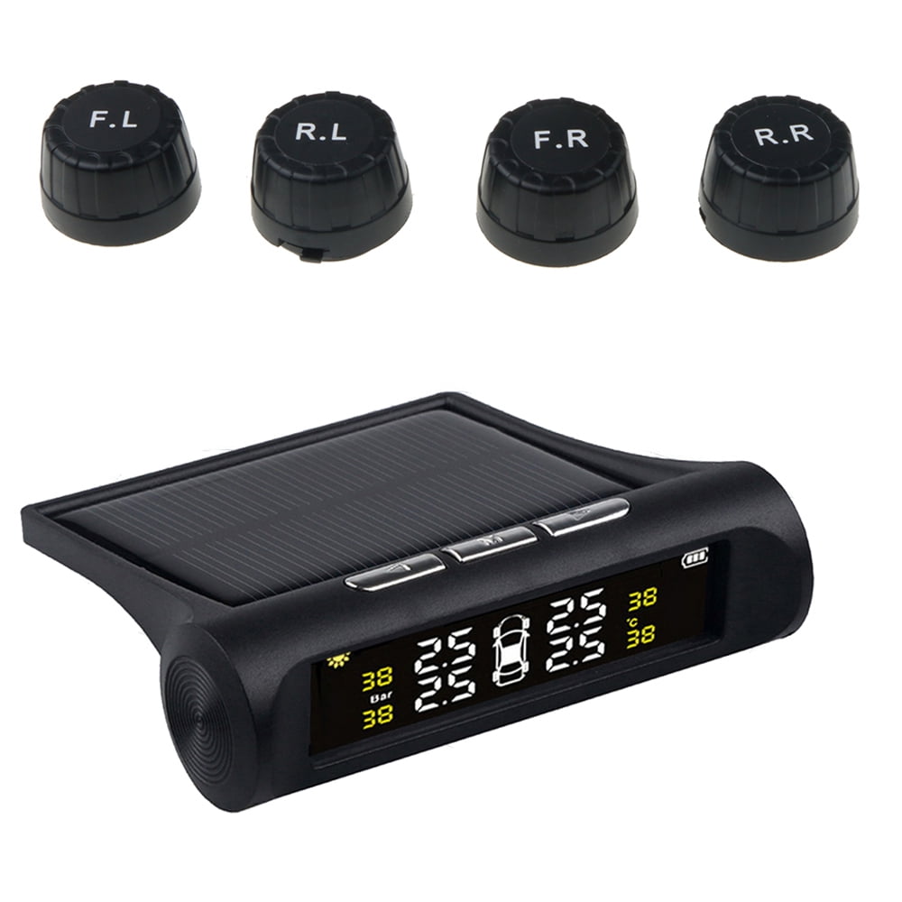 Ezonetronics Universal Solar Power TPMS Real-time Displays 4 Tires Pressure and Temperature Wireless Tire Pressure Monitoring System with 4 DIY External Cap Sensors 0-6.8Bar/0-99Psi 