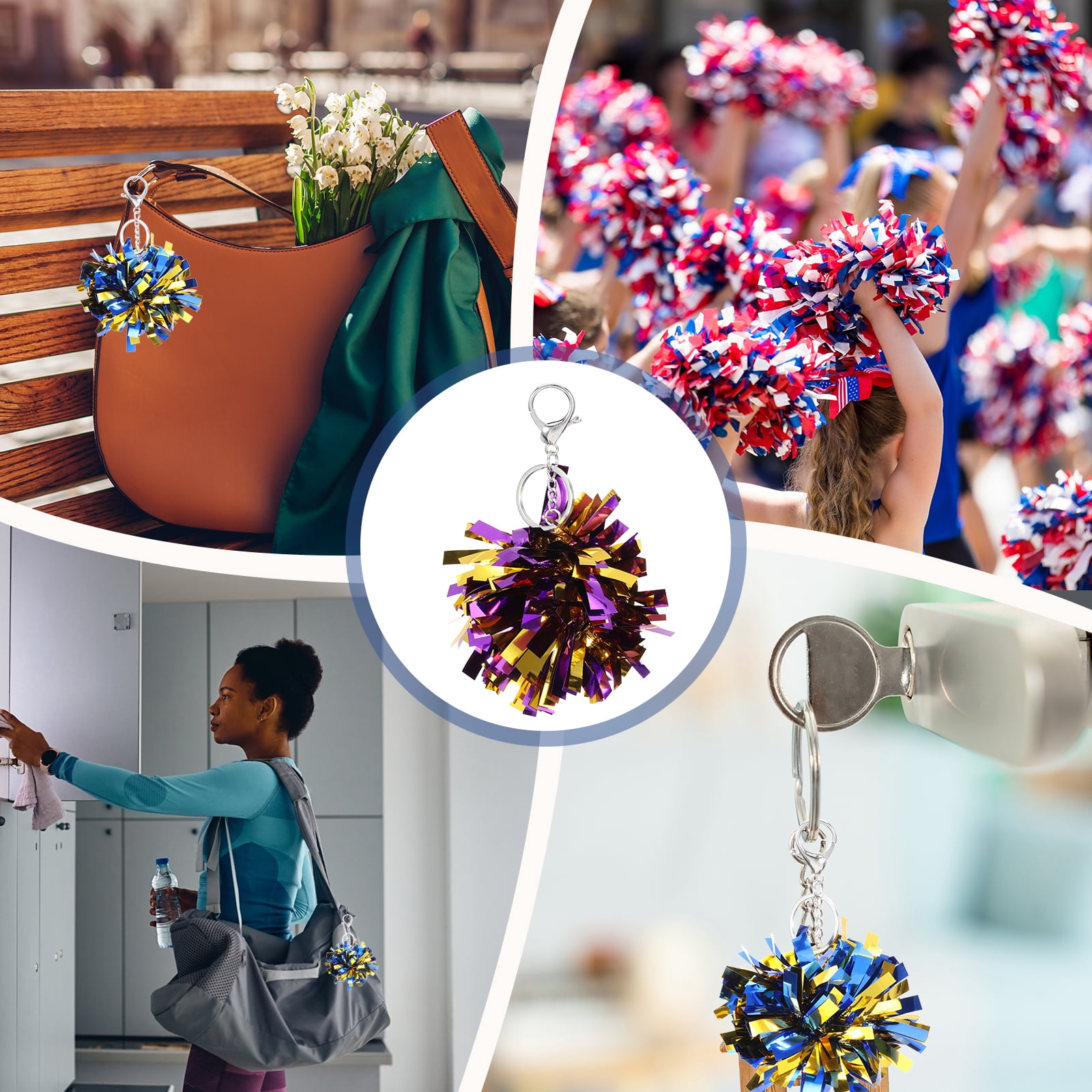 Uxcell 20 Pcs Cheer Pom Pom Keychain Cheerleading Gift Charm Plastic Keyring Bulk for Christmas Purple Gold Tone