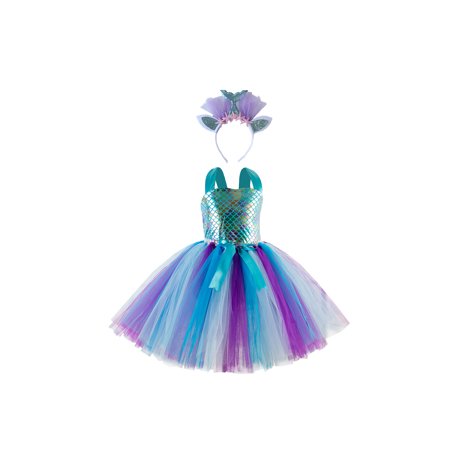 

RSRZRCJ Girl s Princess Dress Mermaid Scale Pattern Sleeveless Patchwork Tulle Hem Tie-Up Halter Party Dress with Headband
