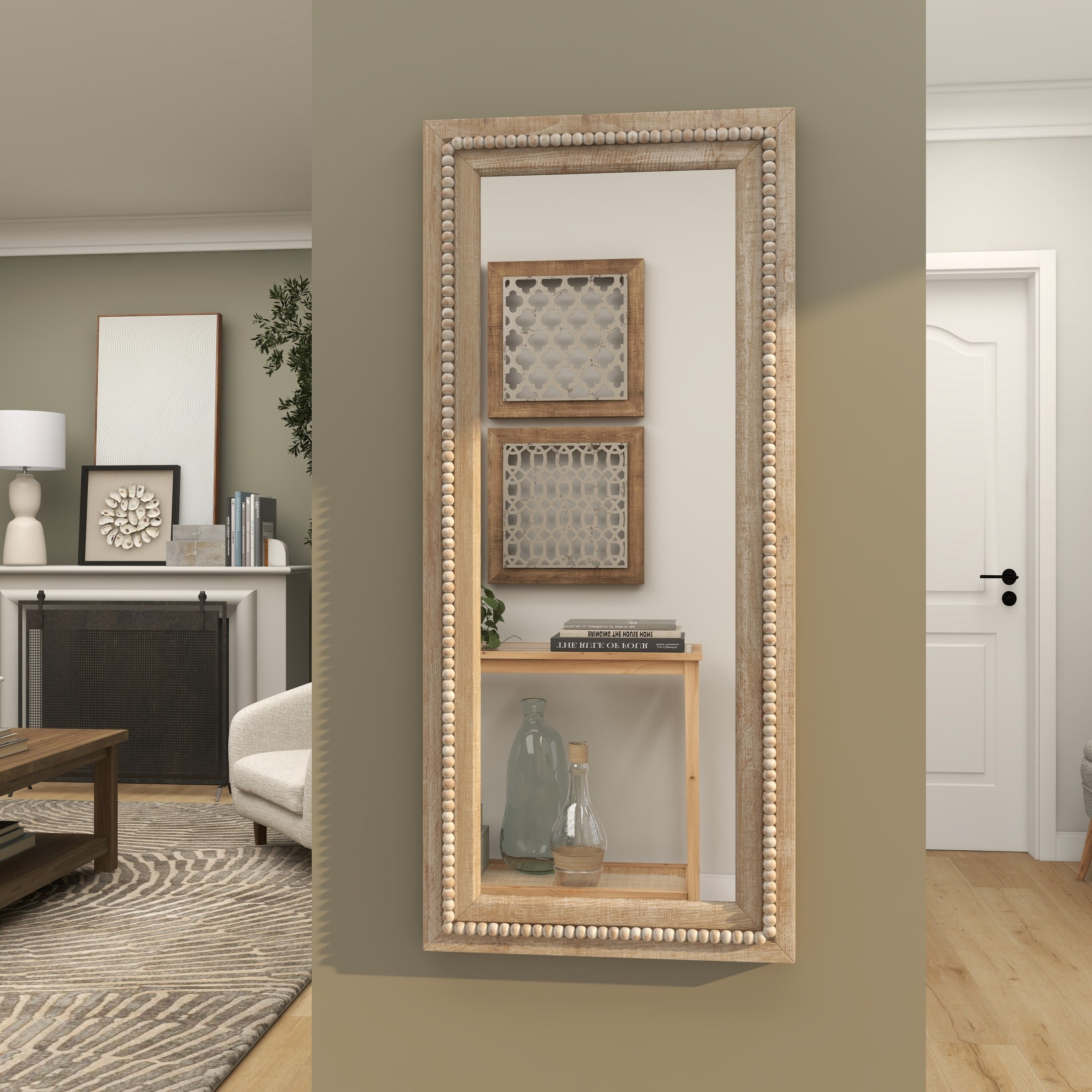 DecMode 24" x 54" Brown Washed Beaded Wall Mirror