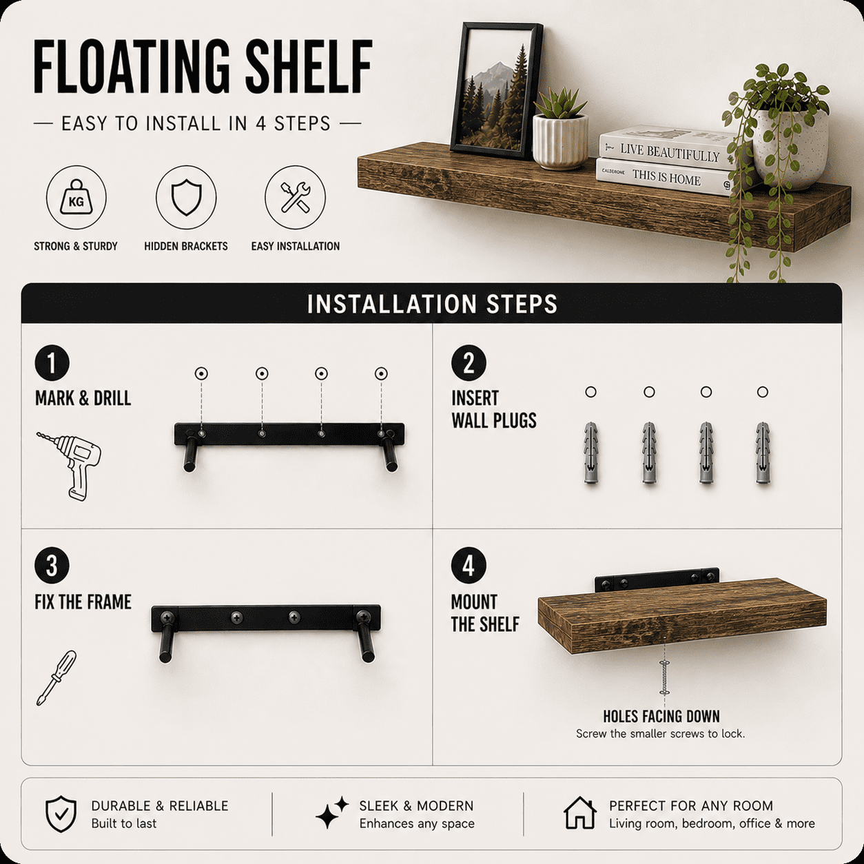 Induslyfe Large Rustic Brown Floating Wall Shelves, Wood Wall Mounted Shelf, Set, 22.5 x 6.7 in, Set of 3, shelf over toilet farmhouse decor