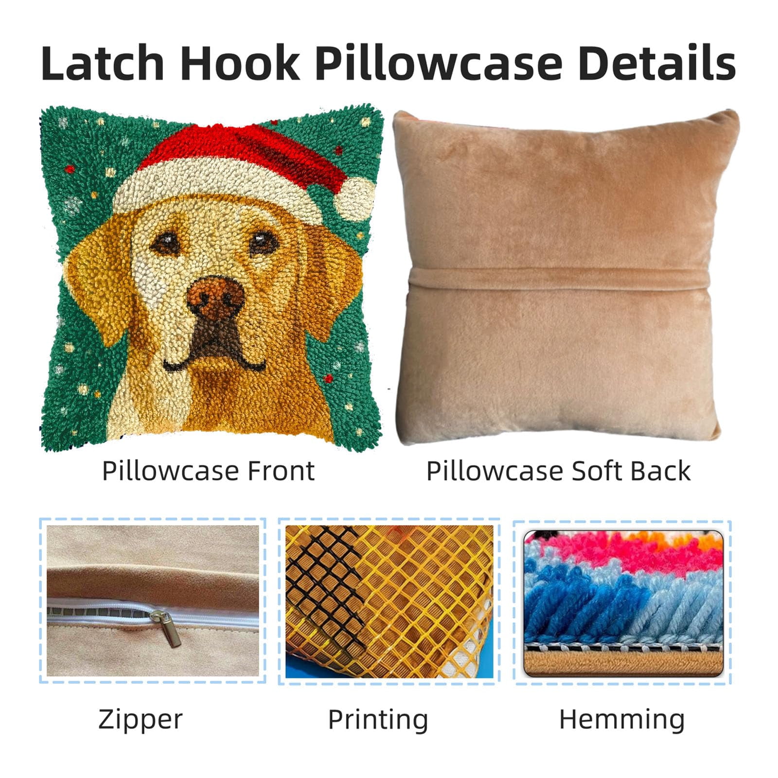 Latch Hook Pillow Kits for Adults Merry Christmas Labrador Dog DIY Pillow Cover Printed Pillowcase Crochet Yarns Hooking Handmade Cushion for Home Sofa Decoration 17x17inch(12)