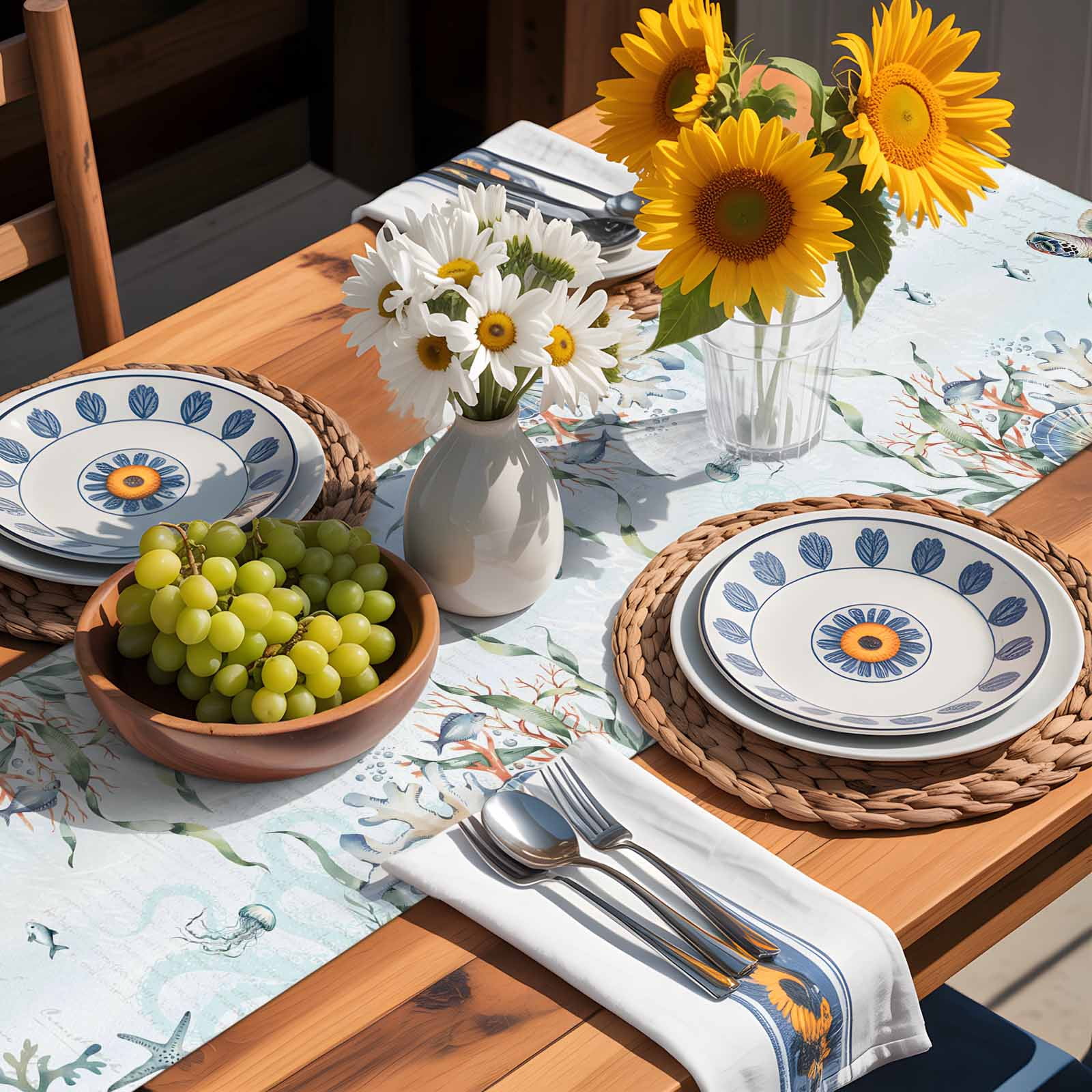 Sea Turtle Coral Seaweed Table Runner 90 Inches Long, Summer Coastal Nautical Theme Table Runners Tabletop Scarf Kitchen Dining Tables Decoration for Home Party Indoor Outdoor