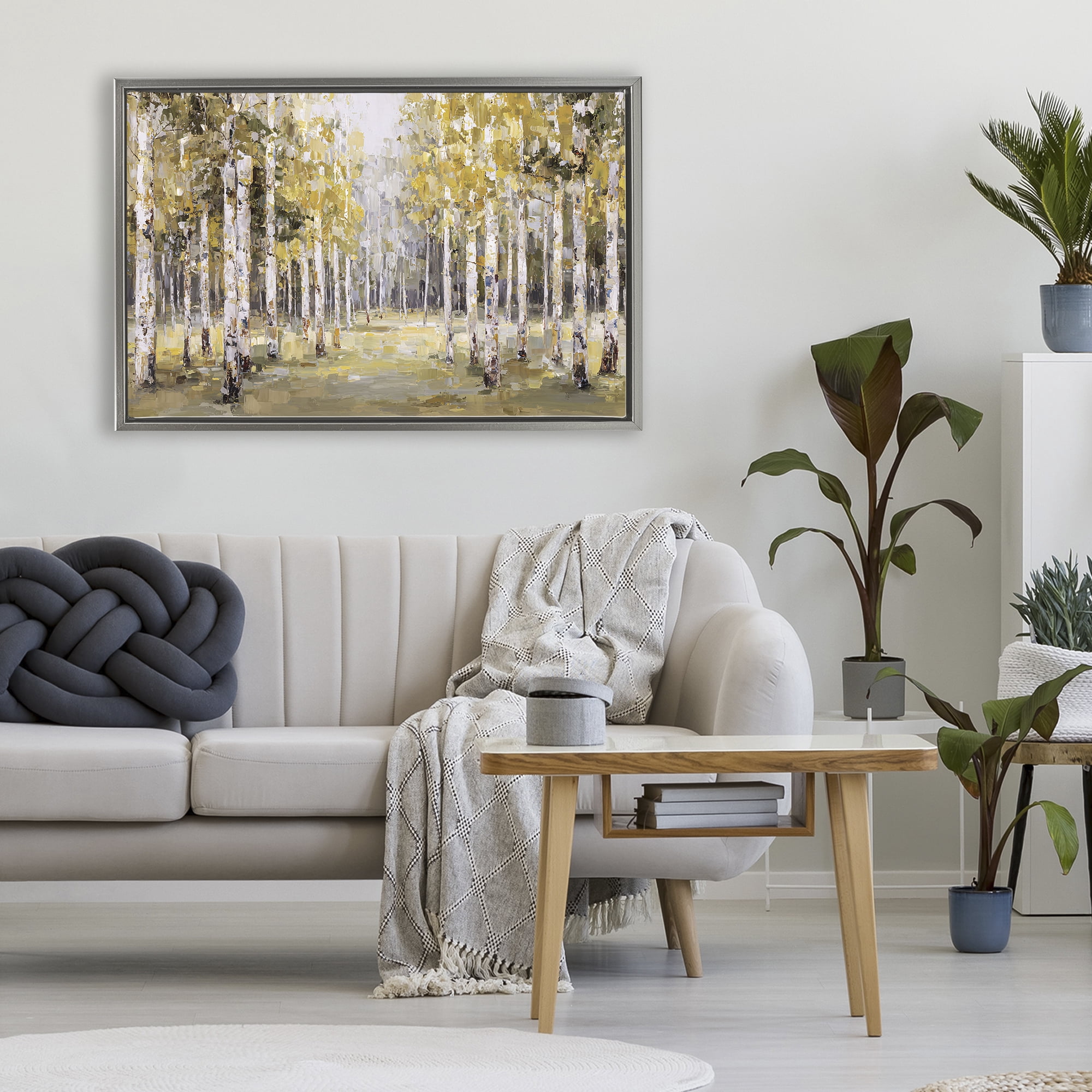 Stupell Industries Impressionist Birch Trees & Fall Leaves Gray Framed Floater Canvas Wall Art, design by Jacky Ngan