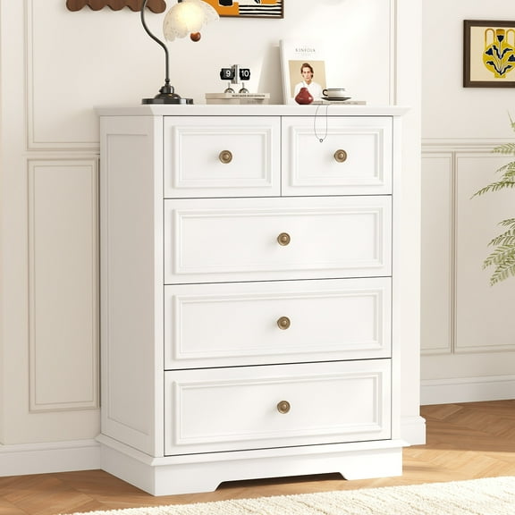 5 Drawer Dresser for Bedroom, 26.7"×15.7"×35.8" Retro Style Chest of Drawers, Wood Storage Dresser with Deep Drawers for Living Room, Hallway, Entryway, White