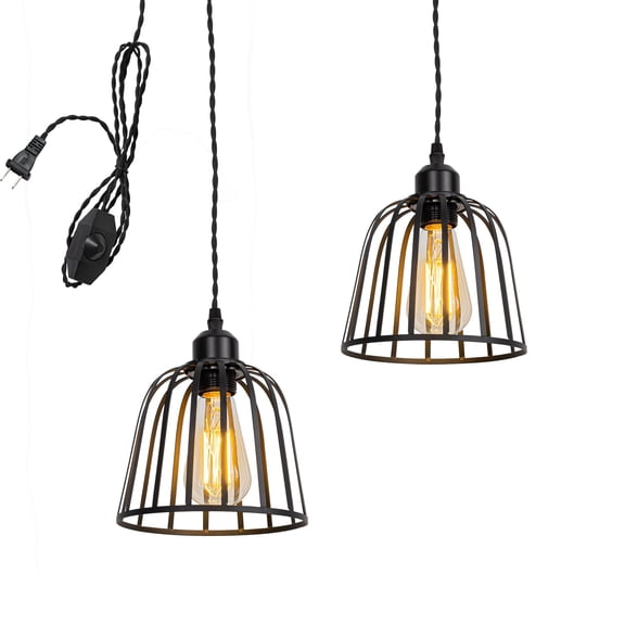 KAYYELAMP 2-Pack 15 Feet Dimmable Switch Plug in Corded Black Hollow Cage Lampshade Vintage Design Metal Hanging Lamp for Kitchen Bar Bedsides(No Bulb)