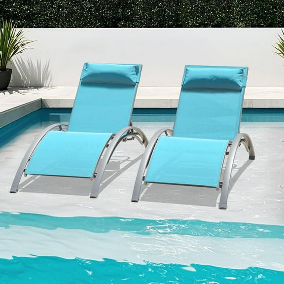 Domi Pool Lounge Chairs Set of 2, Adjustable Aluminum Outdoor Chaise Lounge Chairs, All Weather for Deck Lawn Poolside Backyard -Lake Blue Textilene