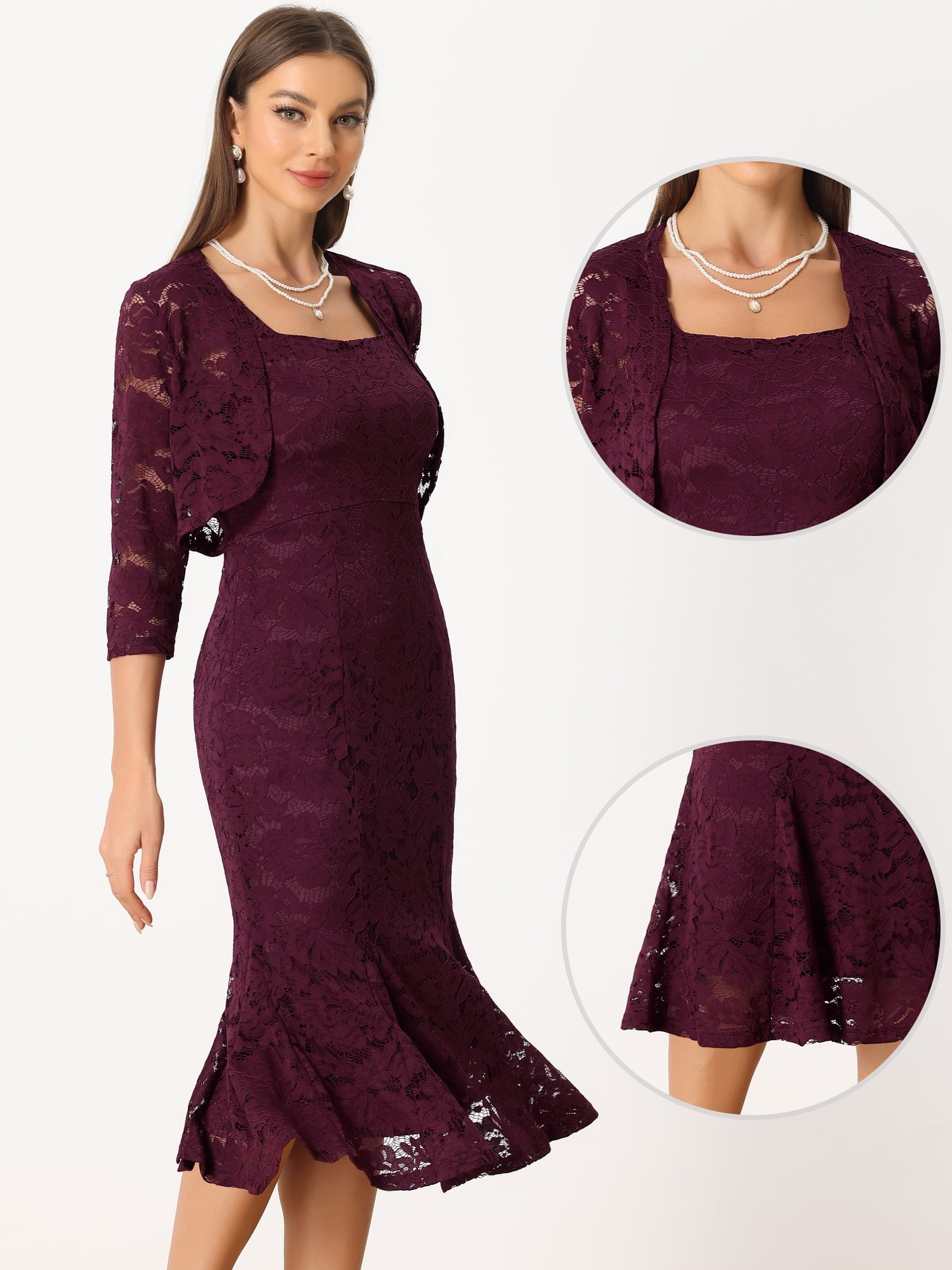 DARING DIVA Women's Fishtail Sheath Open Front Shrugs 2pc Lace Dress XS Burgundy