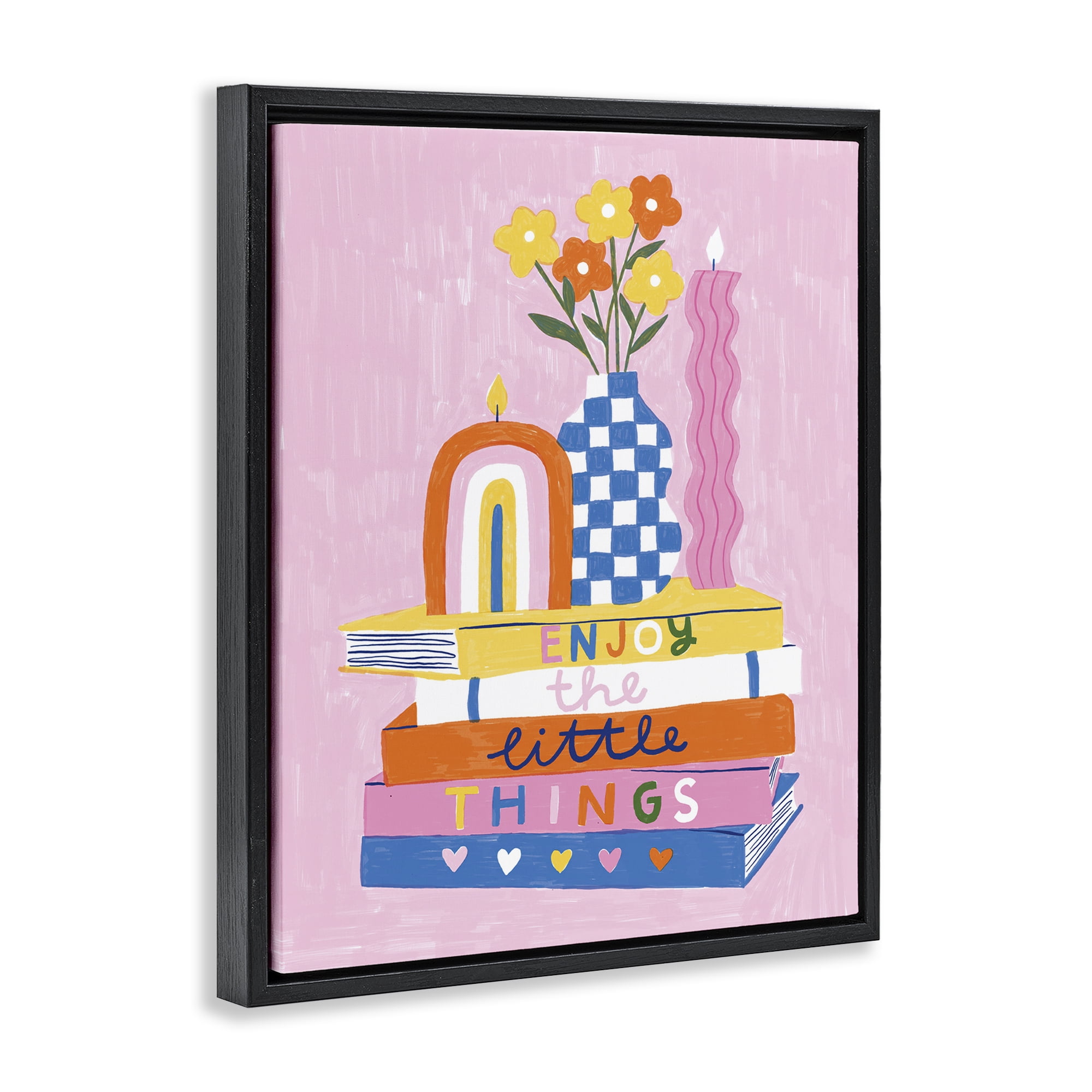 Stupell Industries Enjoy Little Things Bookstack Plants & Flowers Painting Black Floater Framed Canvas Art Print Wall Art, 25 x 31