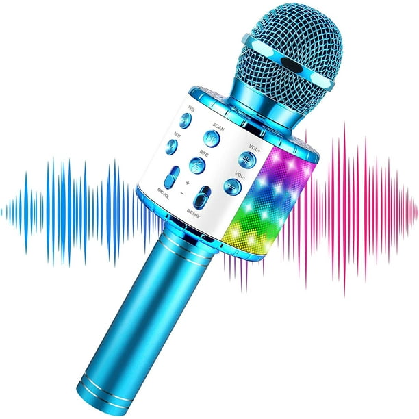 Micrófono para niños, micrófono de karaoke inalámbrico Bluetooth con luces LED de baile, altavoz de karaoke de mano portátil, juguetes de cumpleaños para niños adultos (azul) Sincero Hogar