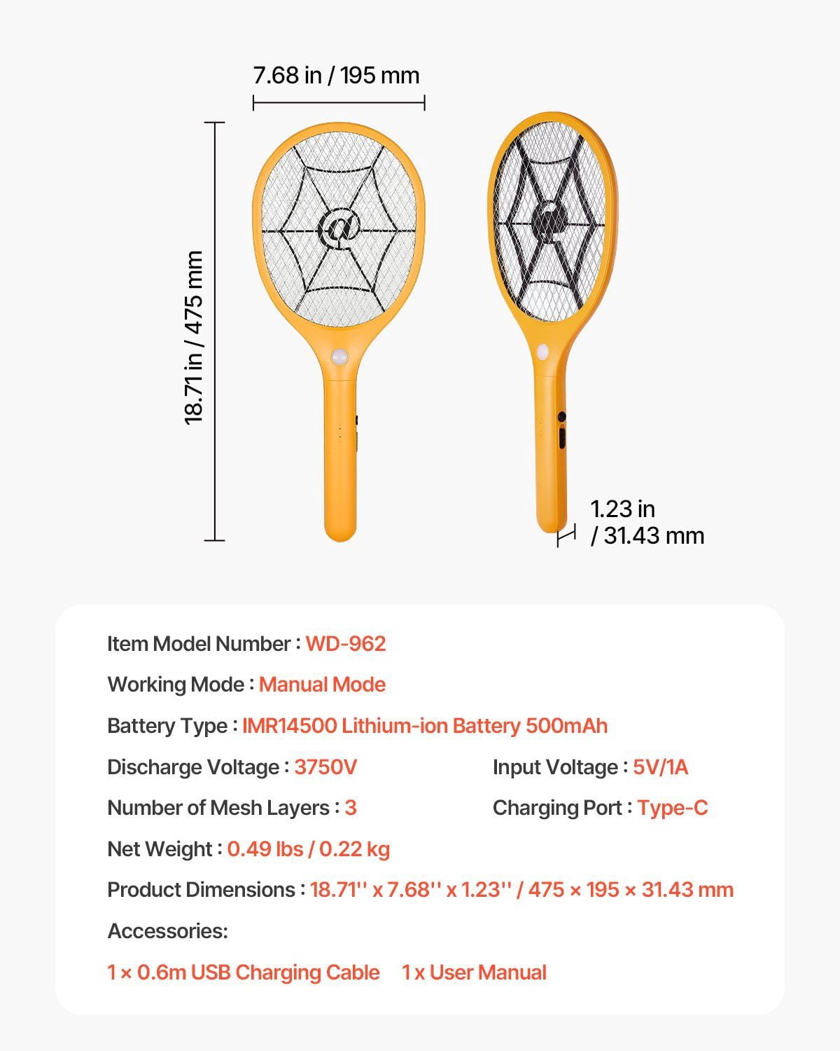 Electric Fly Swatter - Rechargeable Bug Zapper with 3-Layer Mesh, 500mAh Battery for Mosquitoes, Flies, Gnats - Safe Indoor/Outdoor Insect Killer - USB Charging, Ergonomic Handle (Yellow & Black)