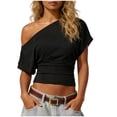 thumbnail image 2 of Favoffer Women Casual Tops Short Sleeve Off Shoulder Fitted Solid Slim Blouses Street Dating Daily Vacation, 2 of 6