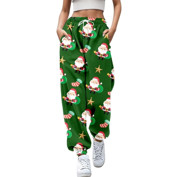 Gibobby pantalones de mujer de mezclilla Mujer Otoño e Invierno Casual moda Navidad divertido impreso cintura elástica pantalones deportivos pantalones casuales (Verde, S)