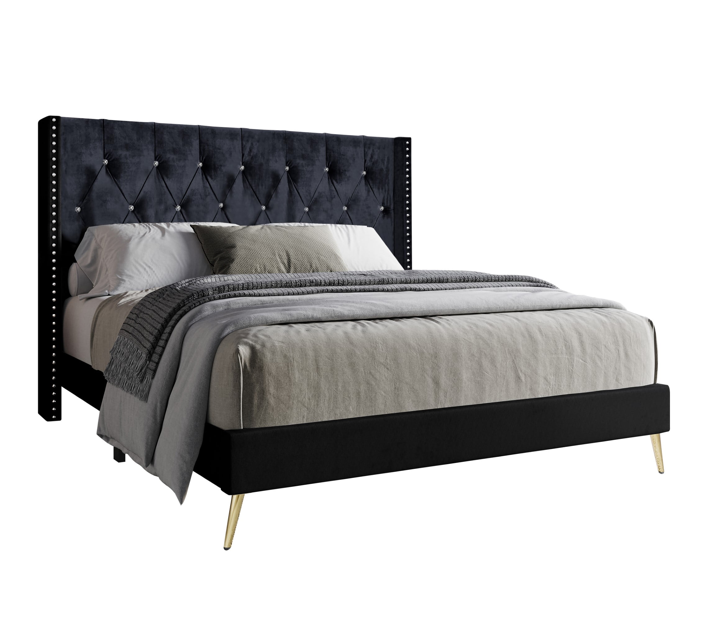 Home Design Homer Queen Diamond Tufted and Nailhead Trim Velvet Wingback Platform Bed Frame for Adult, Black, Easy Assembly