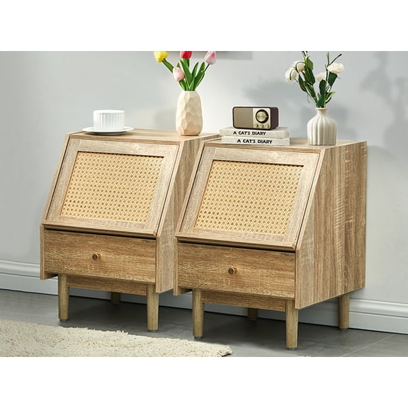 CLIPOP Rattan Nightstand Set of 2, Boho Wooden Bedside Table with Flip Hidden Door & Drawer, Farmhouse End Table with Solid Wood Legs for Bedroom