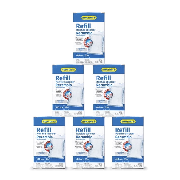 HUMYDRY Moisture Absorber Refills for 35.3 Oz Dehumidifier Device, Pack of 6 Unscented Humidity Absorber Bags, Non Electric Refill Pouches For Basements Garages Offices RVs and Large Enclosed Spaces