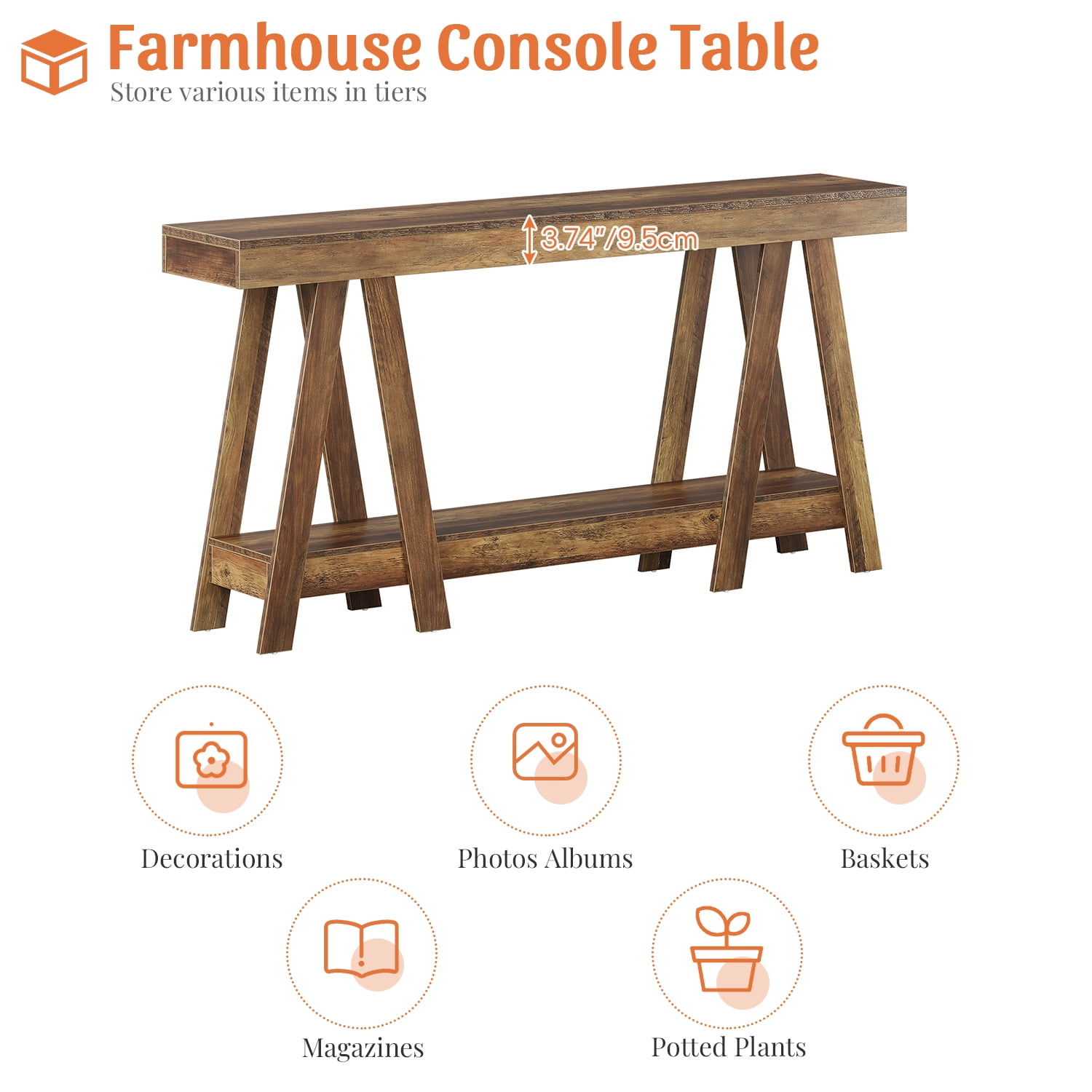 Demi Bonn 70" Rustic Wooden Console Table, Entryway Sofa Table, 2-Tier Hallway Shelf for Home Decor, Living Room, Brown