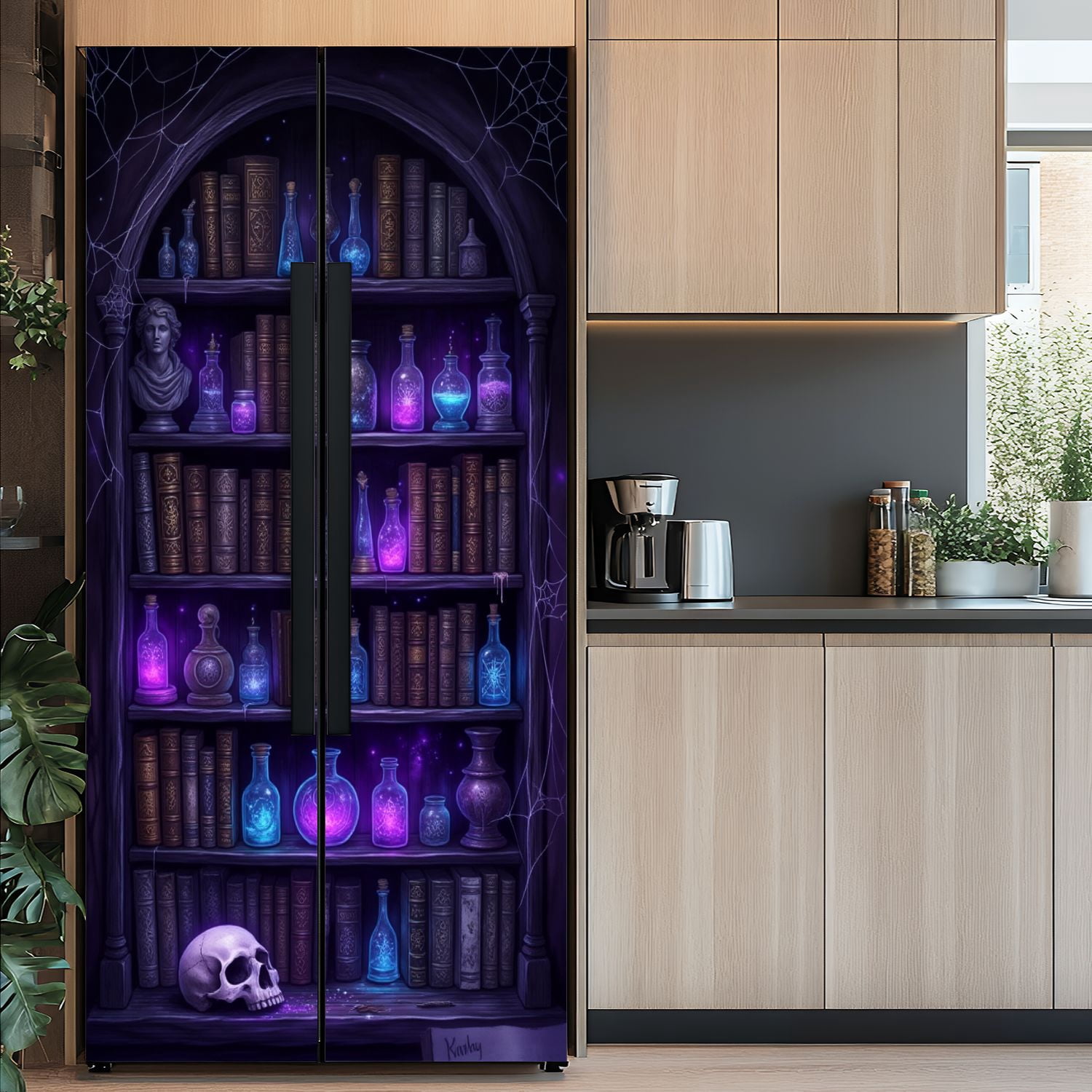 Self Adhesive Vinyl Refrigerator Wrap Set Book Shelf Gothic Spellbooks Artifacts Door Mural Removable Fridge Sticker Peel and Stick&nbsp;Full Door Cover Decal Kitchen Bar Decor