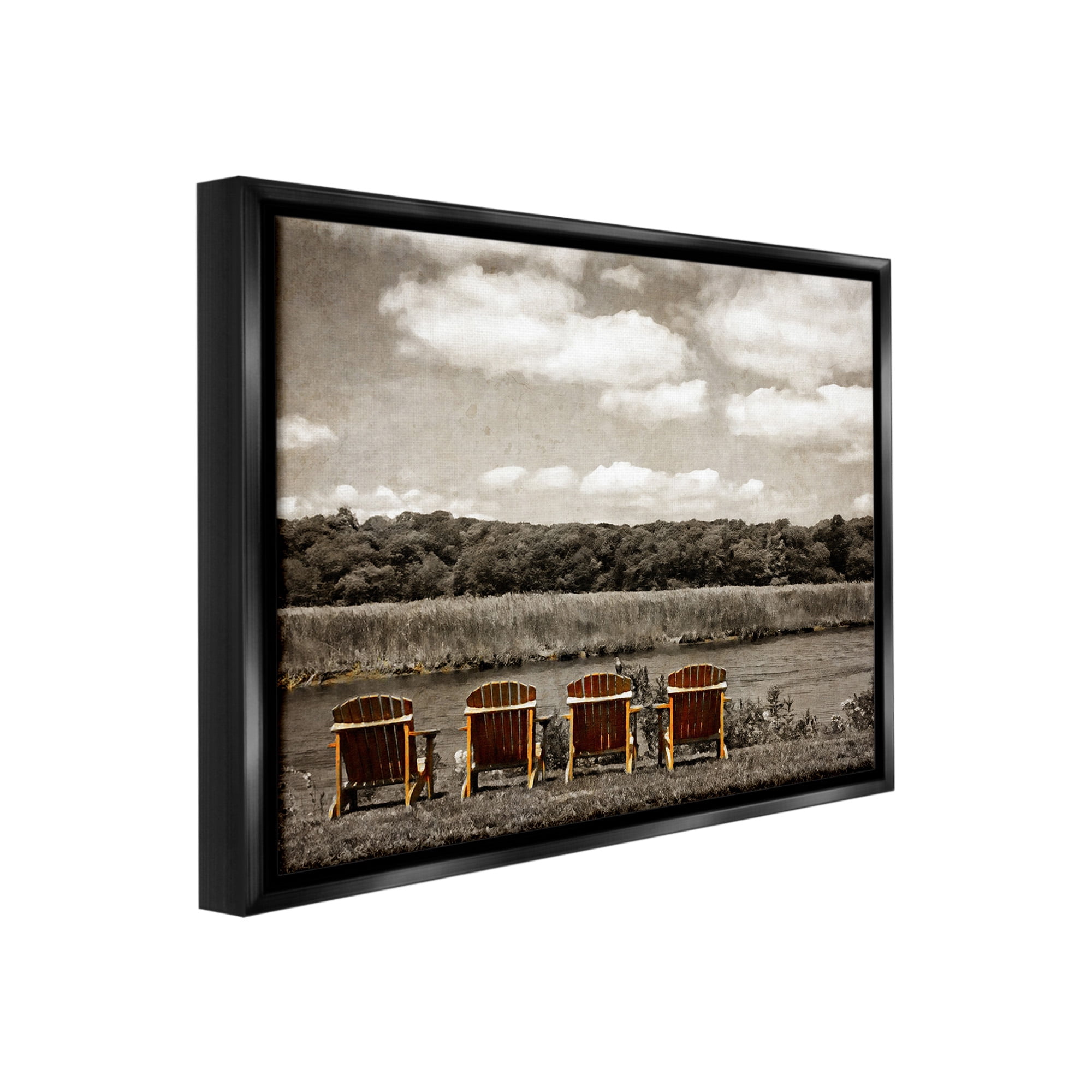 Stupell Industries Adirondacks Lake View Landscape Painting Black Floater Framed Canvas Art Print Wall Art, 21 x 17