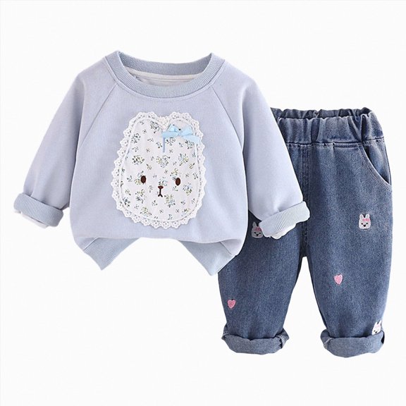 6-12 Months Toddler Toddler Boys Girls Long Sleeve Cartoon Top Jeans Pants Fall Winter Girls Clothing Sets Children's Gift Set Girls Blue Tracksuit