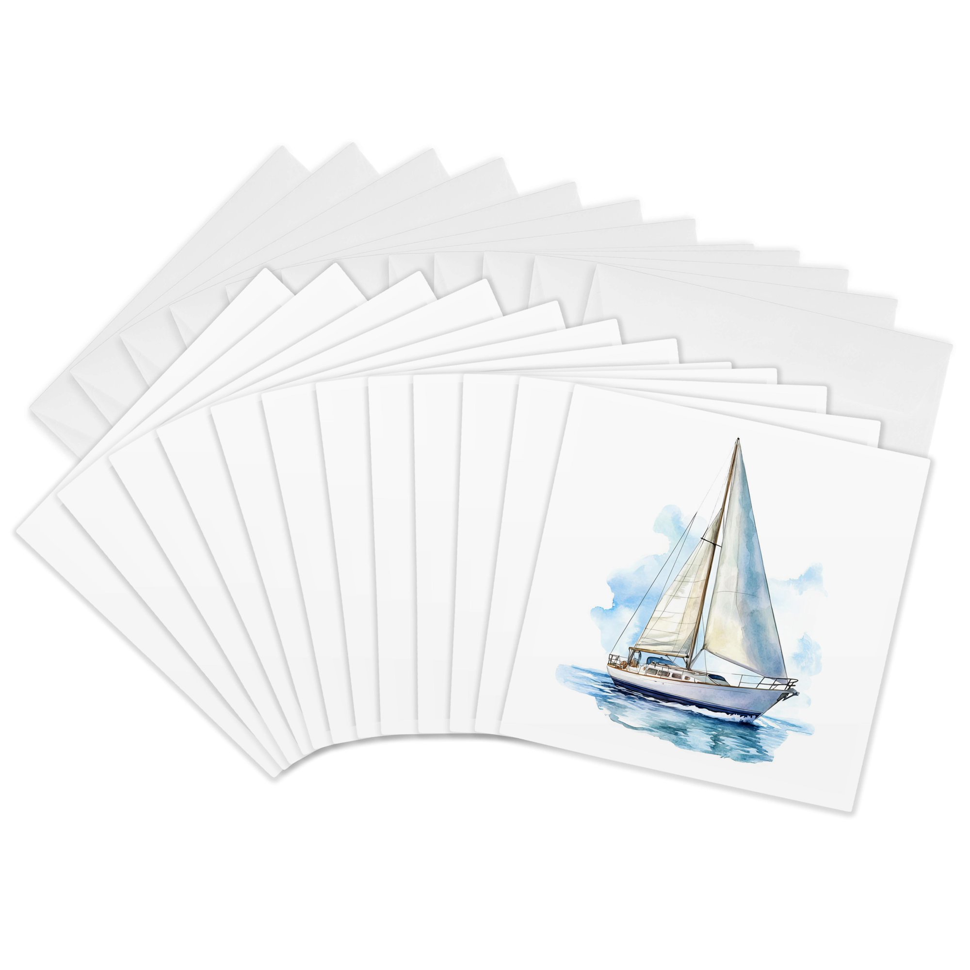3drose Blue and White Sailboat Illustration 12 Greeting Cards with Envelopes