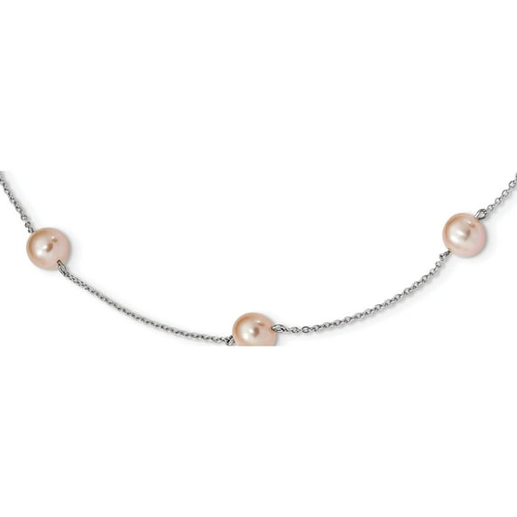 Sterling Silver Rh 7-8mm Pink Round Fwc Pearl 9 Station Necklace (18 X 7.4) Made In Canada qh5418-18