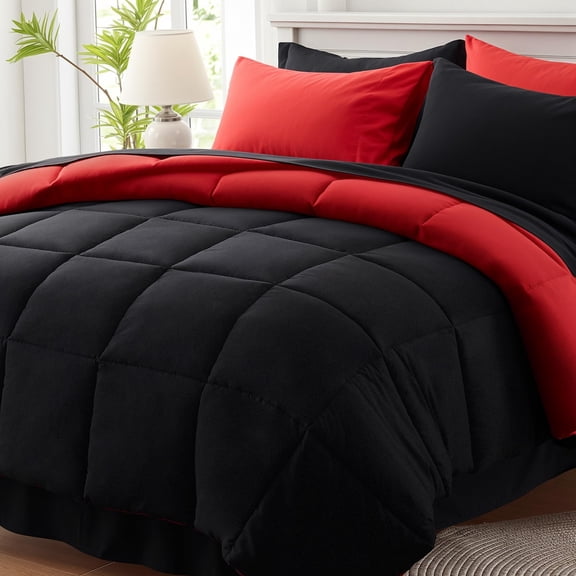 Queen Size Bed in a Bag 7 Piece Set, Reversible Comforter, Lightweight & Breathable All Season Bedding, Includes Sheets, Pillow Shams, Deep Pocket Fitted Sheet, Red & Black