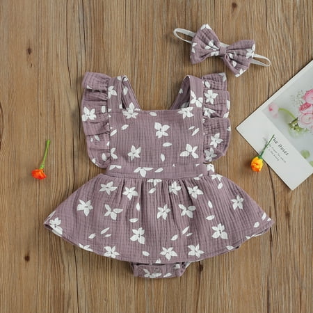 

Baby Girl’s Fly Sleeve Flower Skirt Stitching Romper and Headband
