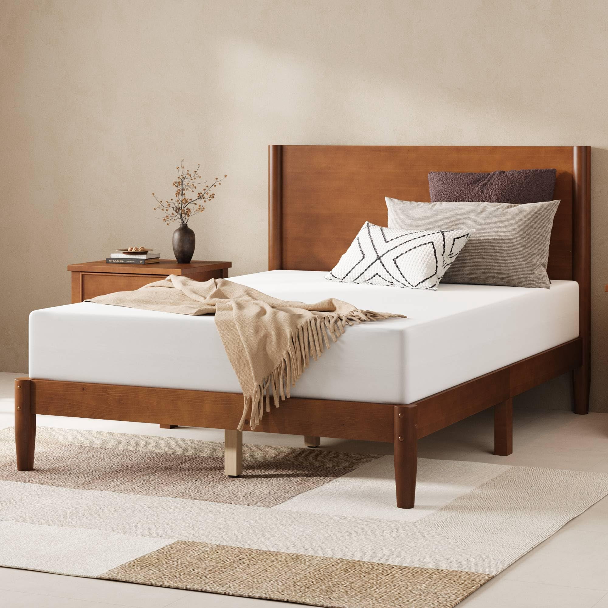 Merluxy Solid Wood Full Size Bed Frame, Mid Century Modern Bed with Full Panel Headboard, Under-Bed Storage, Brown Walnut