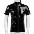 thumbnail image 2 of Men Short Sleeve Leather Shirt, Glossy PVC Leather, Plus Size S-7XL, Full Zipper, Shiny Latex Short Sleeve Coat for Male, 2 of 7