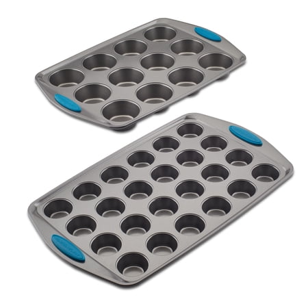 Rachael Ray Yum-o! Nonstick Bakeware Mini Muffin and Cupcake Pan Set  2-Piece  Gray with Marine Blue Handles