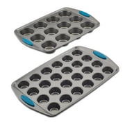 Rachael Ray Yum-o! Nonstick Bakeware Mini Muffin and Cupcake Pan Set, 2-Piece, Gray with Marine Blue Handles
