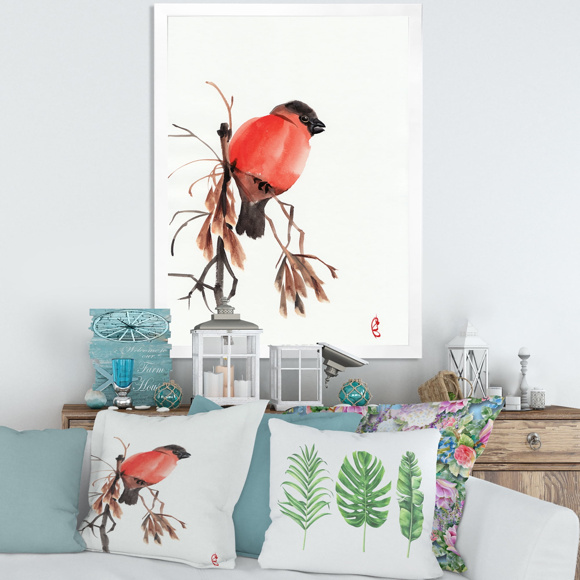 Designart 'Red Bullfinch Bird Sitting On A Branch' Traditional Framed Art Print