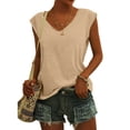 thumbnail image 1 of Femmes Tops Mode Solide Couleur Cap Manches V Cou Décontracté en Vrac Manches Courtes T-Shirt Top Armée Vert L, 1 of 5