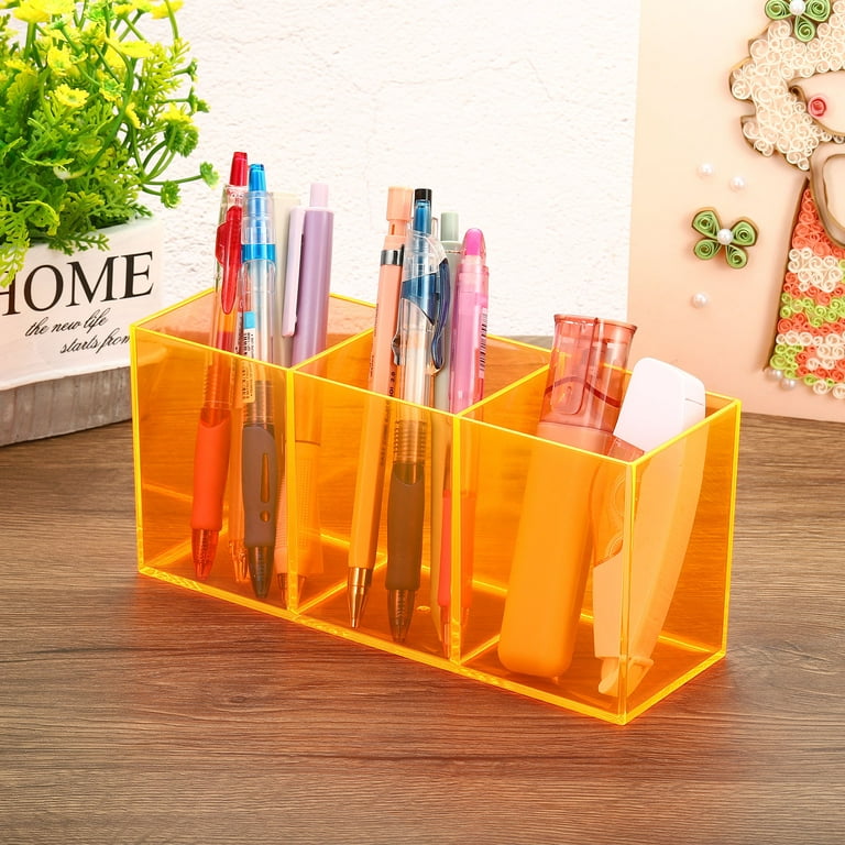 Uxcell 3 Compartments Clear Acrylic Pen Holder Pencil Holder Pen Organizer Pencil Cup Square, Orange 2 Pack, Size: Small