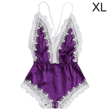 

Enchanting Lingerie Women Deep V-neck Underwear Girl Lace Mesh Bodysuit Purple XL