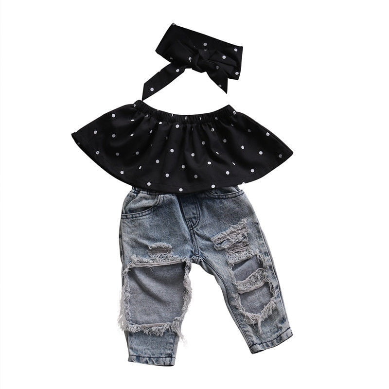 Newborn Baby Girls Dot Wrapped Chest Bog Hole Jeans Pants Outfits Clothing Set